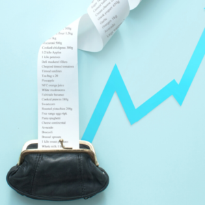 Large recipet coming out of purse, inflation, food rising costs rising arrow