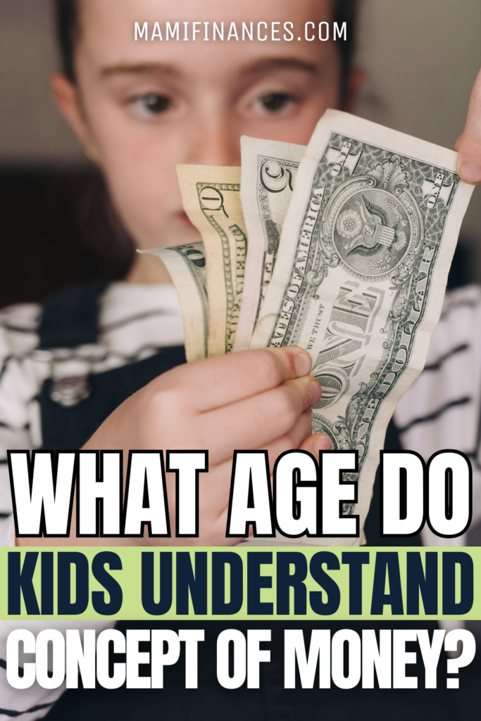 a kid is holding a few cash with text overlay "What age do kids understand concept of money?"