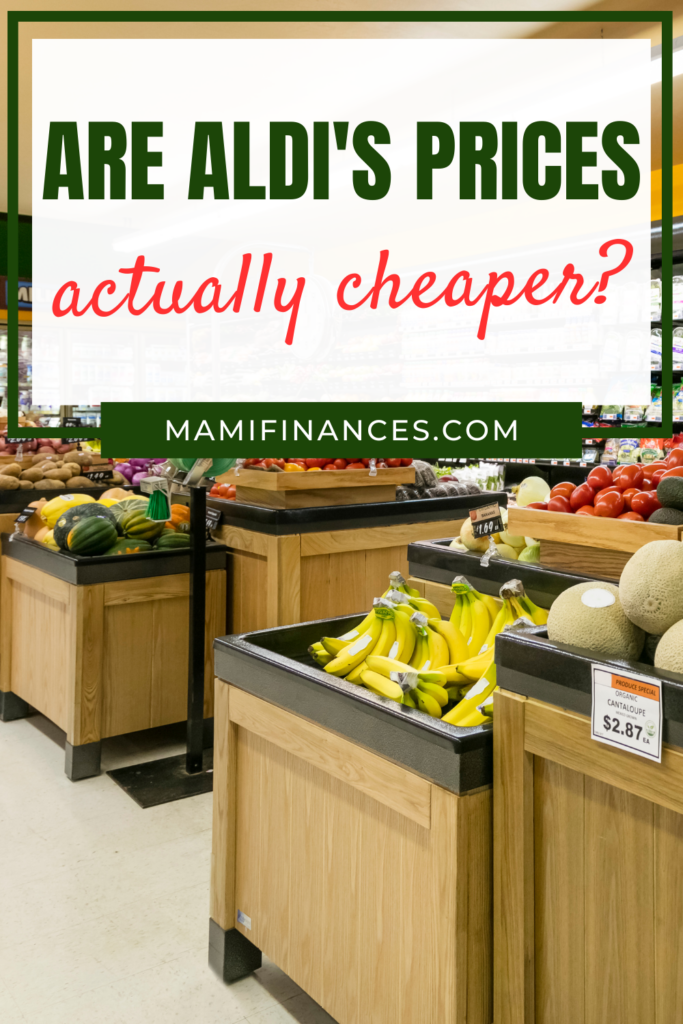 Grocery Store Produce Department with text: "Are Aldi's prices actually cheaper"