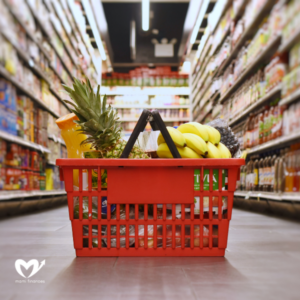 Grocery shopping basket in the middle of the isle