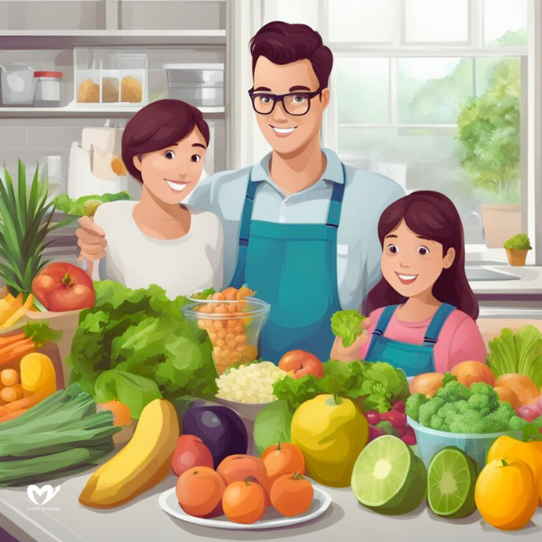 image of family and groceries in a table