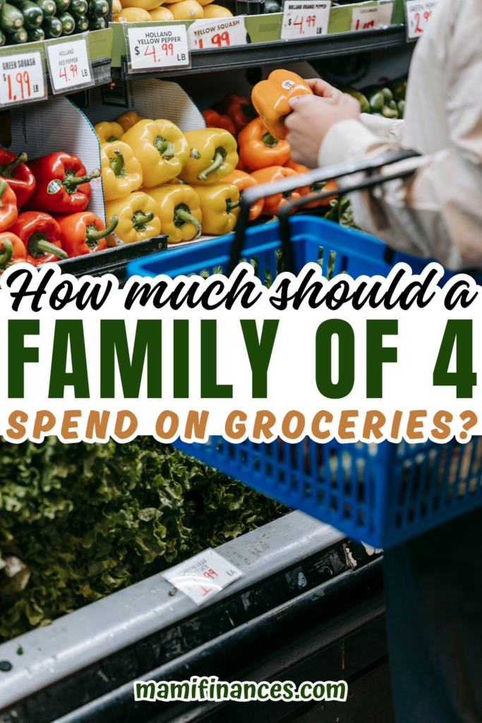 person purchasing assorted vegetables in grocery market with text: "How much should a family of 4 spend on groceries"
