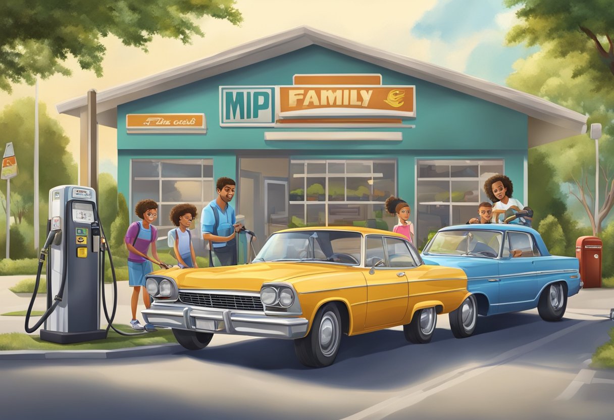Families drive cars, spend on gas, and maintain vehicles. Show a family car with a gas pump and a repair shop in the background