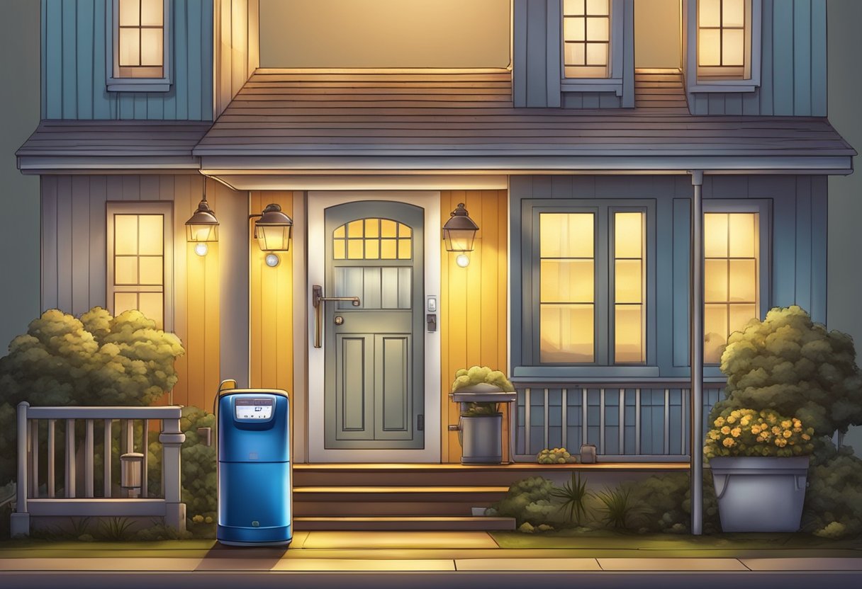 A cozy home with a glowing light, surrounded by a water meter, electric meter, and a gas meter